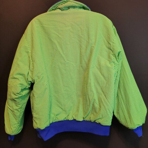 Retro Big Dogs Reversible Fleece Puffer Coat Neon Lime Green Polka Dot Dk Blue - Picture 3 of 16